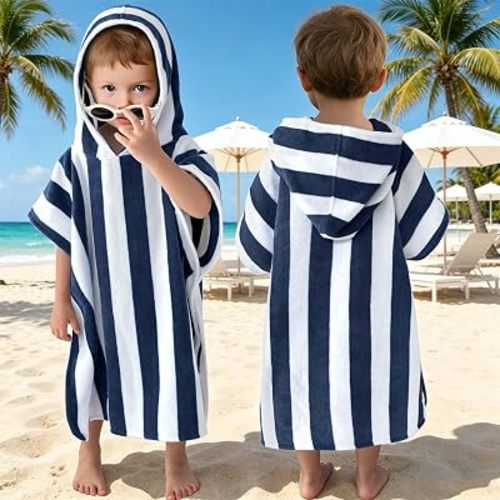 VOOVA & MOVAS Hooded Poncho Towel for Kids, Oversized (2-4Years,21"X21") Made from 100% Soft Cotton,Absorbent, Toddler Beach Essentials,Perfect for Pool | Swimming | Bath | Beach,Navy White Striped