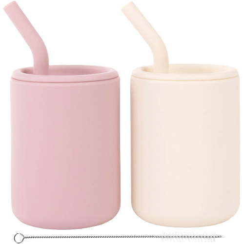 WeeSprout Silicone Baby Cups With Straws and Lids, 4 oz, Set of 2