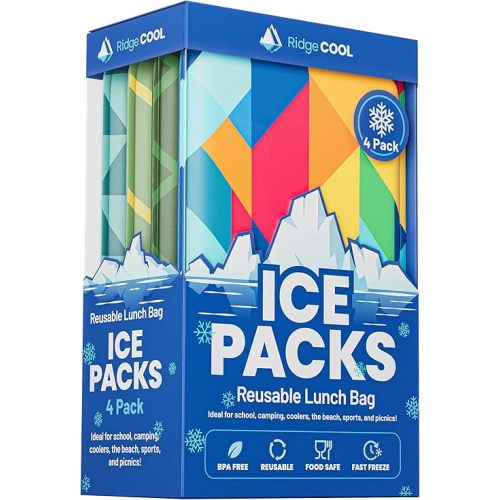 Ridgecool Slim Ice Packs for Lunch Boxes and Coolers, 4 Pack Reusable Gel Freezer Packs with Bold Colorful Designs, BPA-Free Food Safe Non-Toxic Cold Packs, Long Lasting Ice Packs for Adults and Kids, 4.5 x 6 In