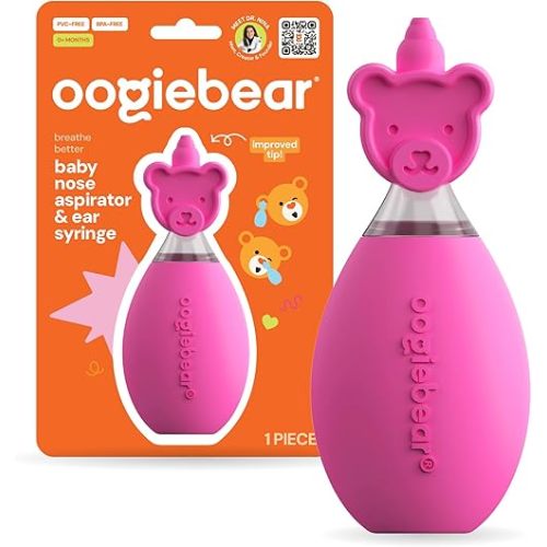 oogiebear: Baby Nasal Aspirator - Safe Booger & Earwax Remover for Newborns, Infants, Toddlers - Better Syringe, Airtight Suction, Nose Sucker - Essential Baby Stuff, Diaper Bag Must-Haves, Pink