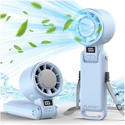 PlayHot Upgraded Portable Handheld Fan with 60°F Ice Cooling, Up tp 12Hrs Personal Fans Portable Rechargeable, 5 Speed 25550RPM Powerful Portables Fan Handheld, Hand/Neck/Desk Fan 3 IN 1(Blue)