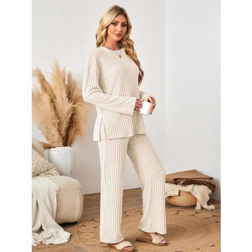 Womens Sets 2 Piece Outfits Matching Lounge Set Cozy Knit Pajamas Oversized Loungewear Fall Winter Clothes S-2XL