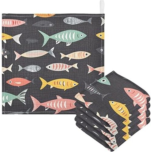 YETTASBIN Fish Muslin Baby Hand Washcloths, Soft Cotton Bath Face Towel, 4 Layers Extra Absorbent Feeding Burp Cloth for Newborn Infant, 5 Pack