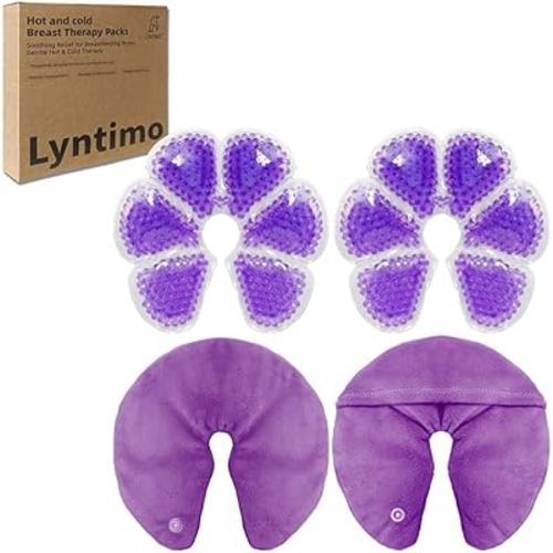 Lyntimo Breast Ice Pack, 2 Sets of Hot and Cold Breast Therapy Pads with Plush Cover, Nipple Breastfeeding Cooling & Heating Compress for Moms (Purple)