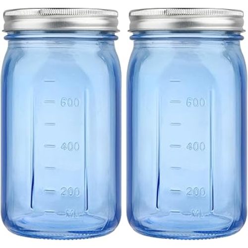 2 Pack Mason Jars 32 oz, Blue Wide Mouth Canning Jars with Airtight Lids, Glass Pint Jars with Bands Labels Brush, Large Storage Quart Jars for Jam Fermenting Preserving