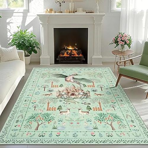 nesrt Washable Area Rugs 5x7ft Non Slip for Living Room Bedroom, Green Animal Printed Dragon Rugs, Soft Botanical Forest Nursey Playroom Floor Carpets for Dining Room Farmhouse Holiday Decor