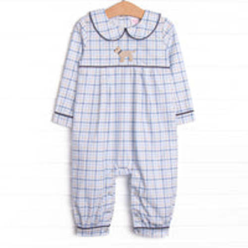 Poised Plaid Pup Embroidered Romper, Blue – Stitchy Fish