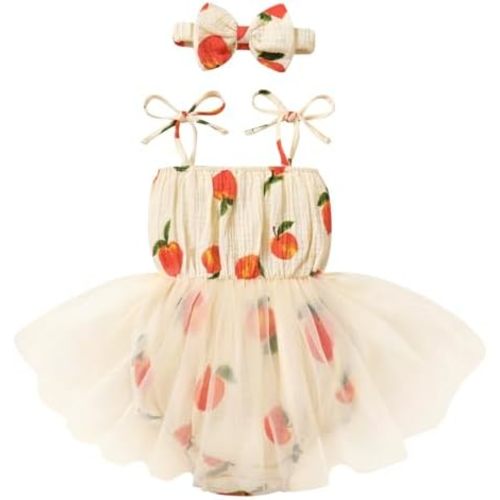 HAPPYMA Baby Girl Romper Clothes Infant Sleeveless Bodysuit Tulle Dress Toddler Summer Jumpsuit Outfits with Headband