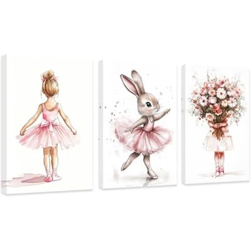 DOARTDO 3 Pieces Ballet Wall Art Funny Animal Pictures Elephant Bear Rabbit Girl Dancing Canvas Prints Cute Nursery Baby Room Classroom Dorm Decor Framed (Pink, (12"x16"x3 Pieces))