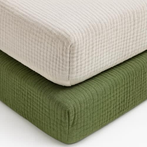 PET REJOIR Muslin Fitted Crib Sheets for Girls & Boys-2 Pack 28"x 52" Soft Baby Mattress Sheet-No Slip Boho Neutral Breathable Toddler Cotton Bedding Olive Green & Beige