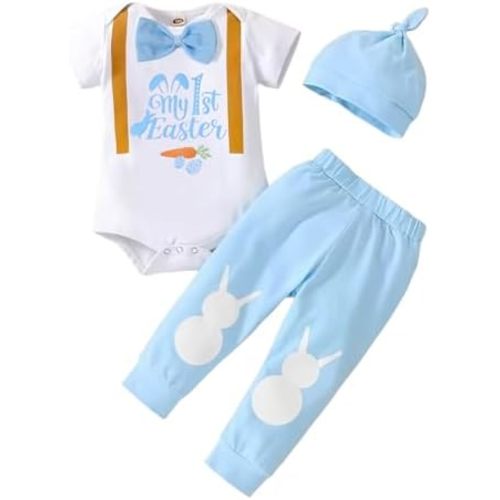 My 1st Easter Baby Boy Outfits Newborn Boy Clothes Short Sleeves Romper Cute Bunny Pants with Hat 3Pcs 0-18 Months