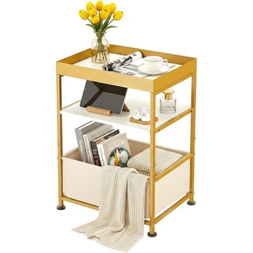 Narrow Gold Side Table with Storage, Small White End Table with Fabric Bin & Tray Top, Modern 3 Tier Nightstand Slim Bedside Table for Nursery, Bedroom, Teen Girls Dorm, Living Room