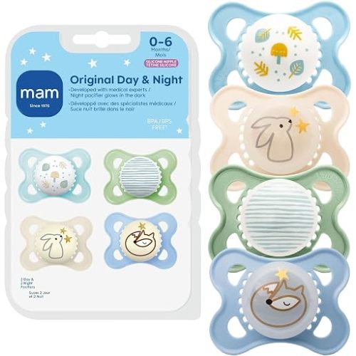 MAM Original Baby Pacifiers 0-6 Months,Binky for Newborn Babies,BPA-Free Skin Soft Silicone Nipple,Glows in The Dark,Developed with Medical Experts,Made in Europe,4 Count (Pack of 12)