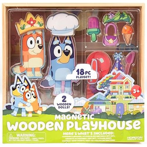 Horizon Group USA Bluey Magnetic Wooden Playhouse, 18 Piece Activity Set, Includes 2 Wooden Dolls House, Great Toys for Kids, Fun Birthday Party Activity, House Playset