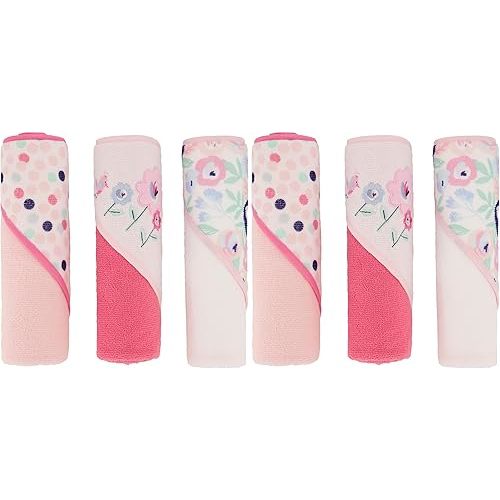Cudlie Buttons & Stitches Baby Girl 6 Pack Rolled/Carded Hooded Towels in Blooms & Dots Print, GS71731