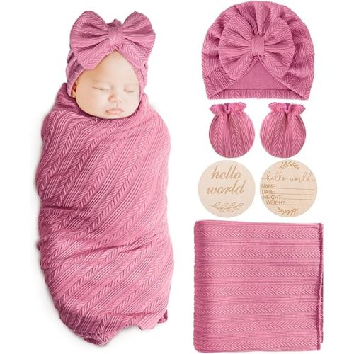 AQOKKA Newborn Receiving Blanket Wheat Ear Bow Hat Mitten Set