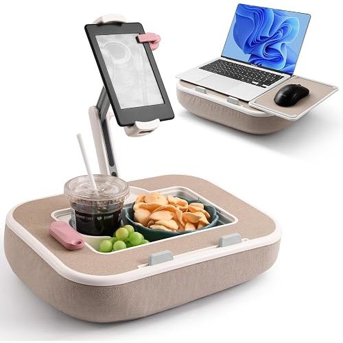 Tablet Pillow Stand with Snack Bowl and Writing Board, 360° Rotating Phone Holder for 4.7-13" Phone Kindle Tablet, Pillow Kindle Holder for Reading in Bed, Couch,Recliner,Floor Etc-Beige