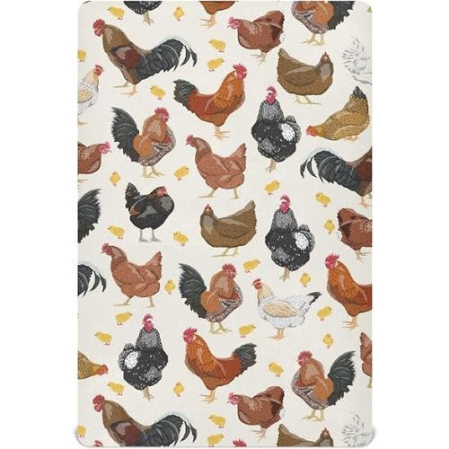 Pfrewn Crib Sheets for Boys Girls Hens Roosters Chickens Set Fitted Crib Sheet for Mini Crib Mattress Stretch Soft Toddler Baby Playard Sheet, 39x27x5IN