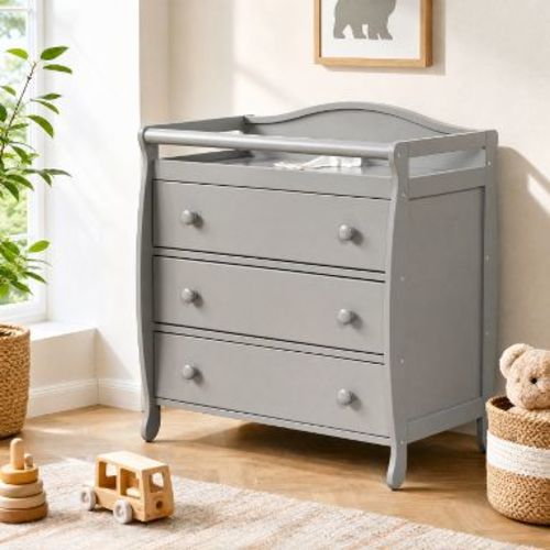 Gray Wood Baby Changing Table Dresser with 3 Drawers and Safety Belt for Nursery