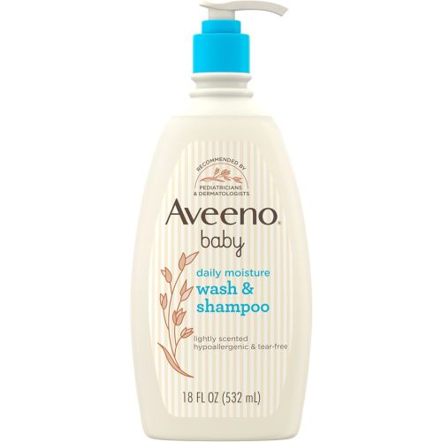 Aveeno Baby Daily Moisture Gentle Body Wash & Shampoo with Oat Extract, 2-in-1 Baby Bath Wash & Hair Shampoo, Tear- & Paraben-Free for Hair & Sensitive Skin, Lightly Scented, 18 fl. oz