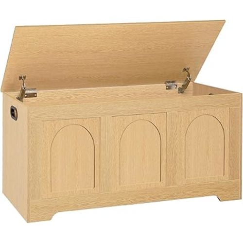 DINZI LVJ Storage Chest, 39.4”Wooden Storage Box with 2 Safety Hinges, Entryway Shoe Bench with Flip-Top, Trunk for Living Room, Bedroom, Easy Assembly, Natural