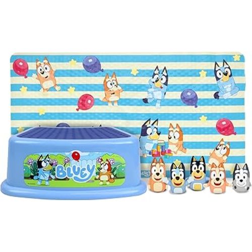 Bluey Bath Time Fun Set - Bath Finger Puppets, Vinyl Bath Mat, Step Stool