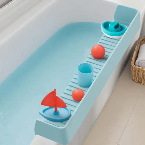 Silicone Bathtub Splash Guard & Play Tray for Toddlers – 31.5" Water Spill Guard with 11 Suction Cups, Toy Storage Shelf – No Mess Bath Time Solution, Blue