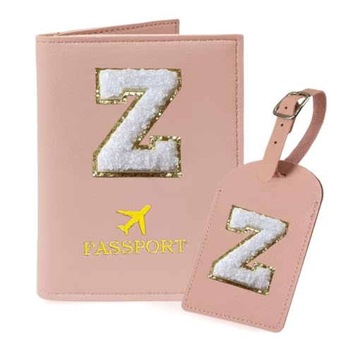 COSHAYSOO Passport Cover and Initial Luggage Tag Set TSA Approved with Preppy Chenille Letter Patch for Women Girl Teens, 2023 Trendy Travel Bag Backpack Suitcase Identifier Essential Gifts Pink Z