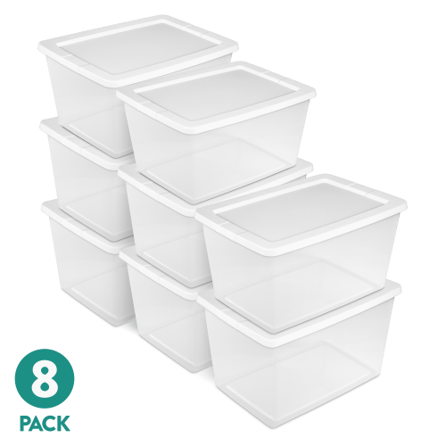Sterilite 20 Quart Storage Box, Clear Plastic Storage Bin with Snap-on Lid, White, 8 Pack