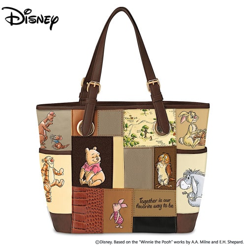 Disney Brown Faux Leather Tote Bag Featuring A Patchwork Design Adorned With Winnie The Pooh Art