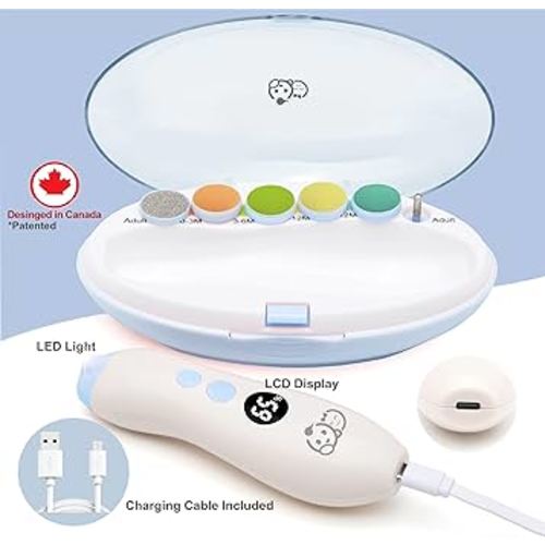 Rechargeable 22 in 1 Baby Nail Trimmer, Usage Labeled Case, 13 Extra Replacement Tools, Royal Angels Electric Nail File with LCD display, Newborn Toddler Nail Care Clipper Kit (Rechargeable,WhiteBlue)