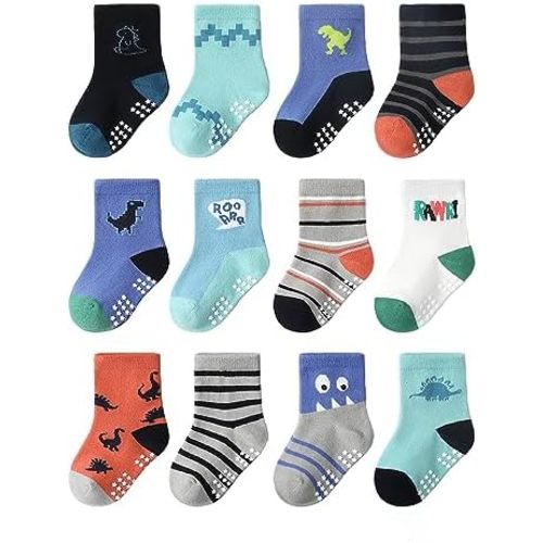 Baby Toddler Boy Non-Skid Socks With Grips - Anti-Slip Crew Cotton Dinosaur Socks for Boys, 12 Pack
