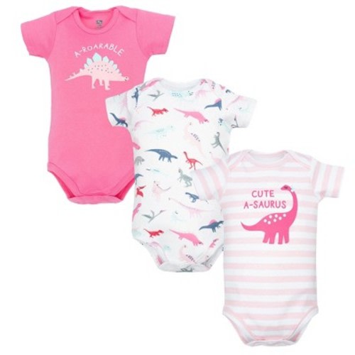 Hudson Baby Girl Cotton Bodysuits 3-Pack, Girl Dino, 0-3 Months