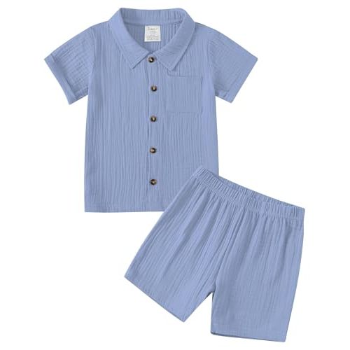 Jimonda Baby Boys Cotton Gauze Shirt/Shorts Sets Toddler Clothes Outfit 2PC | Breathable Skin-friendly Fabric,Summer Short Sleeve,Durable Button,Lapel Collar,Chest Pocket,Size 12M-6Y,Outdoor Daily Wear