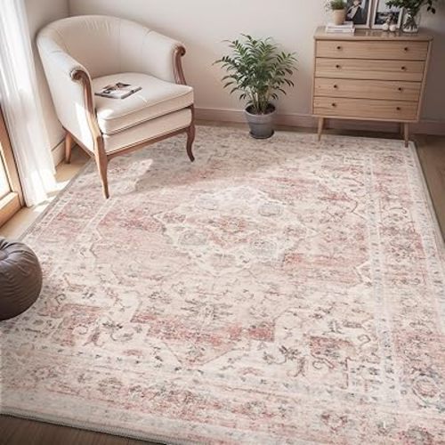 AMOAMI 4x6 Soft Vintage Area Rug - Non-Slip Washable Rug for Living Room, Bedroom, Dining Room, Office - Pink