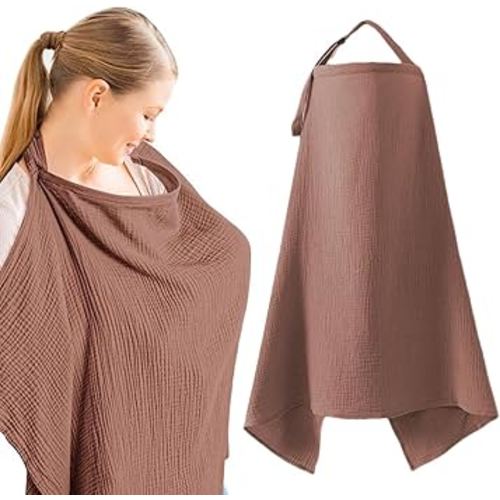 Muslin Nursing Cover for Breastfeeding, Soft&Breathable Cotton Breastfeeding Cover for Women,Privacy Nursing Covers with Arch Neckline Adjustable Hoop for Mother Nursing Apron (Coffee)