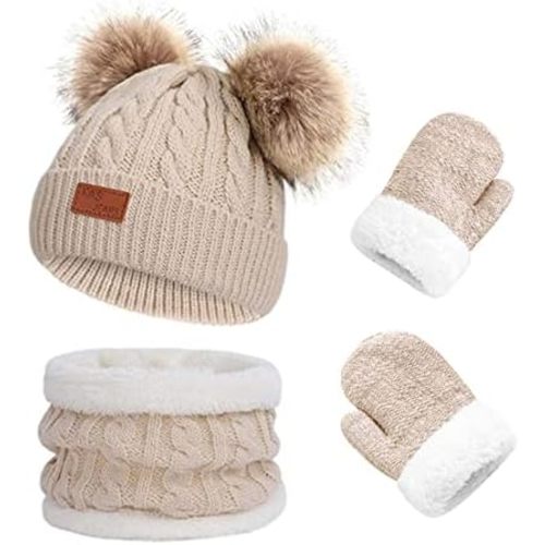Duoyeree Baby Winter Hat Scarf Glove Beanie Set Girls Boys Pom Pom Knitted Beanie Mitten Scarves for Toddler 0-3T