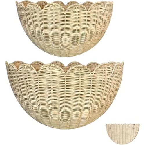 Scalloped Wall Basket,Hand Woven Hanging Wicker Wall Baskets Set, 16 x 10 x 7 & 14 x 8 x 6 Inch Scalloped Rattan Wall Basket Decor for Home,Bathroom,Living Room Organizing