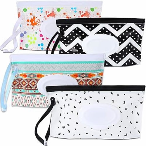 FEBSNOW 4 Pack Baby Refillable Baby Wet Wipe Dispenser, Reusable Wipes Pouch Container, Lightweight Portable Travel Wipes Holders