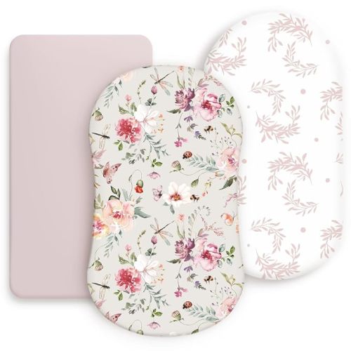 Stretchy Ultra Soft Bassinet Fitted Sheets 3 Pack, Universal Fitted for Bassinets Oval Rectangle Mattress, Pretty Bassinet Sheets for Baby Girls, Watercolor Rose Flora Orange Pink