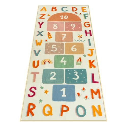 STARUIA Washable Hopscotch Rug for Indoor Playroom, Colorful Educational Kids Rug with ABC Number, Non Slip Boy Girl Play Carpet for Kids Room Bedroom Nursery Daycare ClassroomBeige, 31.5''x72''