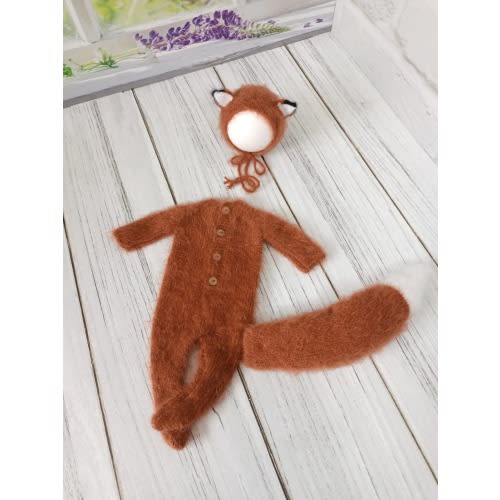 Newborn knitted fox outfit. Fox hat and overalls set. Newborn photography props Halloween outfit baby shooting costumes