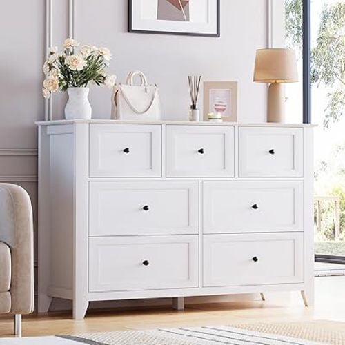 GarveeHome White 7 Drawer Dresser for Bedroom, Simply Modern Chest of Drawers, Wood Storage Double Dresser with Deep Drawers for Living Room, Hallway Entryway