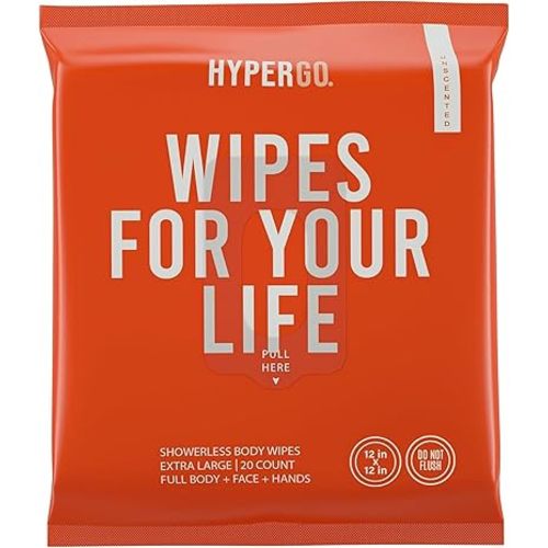 HyperGo Full-Body Rinse-Free Hypoallergenic Biodegradable Bathing Wipes –All Natural, Refreshing Anytime Anywhere, Post Workout, Camping, Travel, Daily Life, 12”x12” X-Large 20-count, Unscented 1 Pack