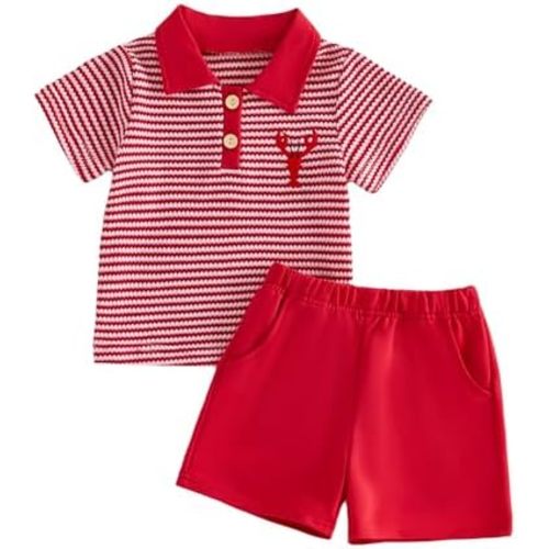 Toddler Baby Boys Summer Outfits Striped Short Sleeves Polo T-Shirt and Elastic Shorts Set 2 Piece Clothes