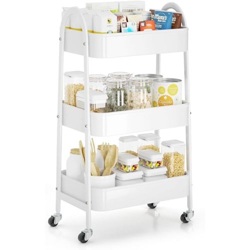 EAGMAK 3 Tier Rolling Cart Under Desk, Large Metal Storage Cart with Handle and Lockable Wheels, Big Multifunctional Storage Organizer Trolley for Kitchen, Living Room, Office, Garage (White)