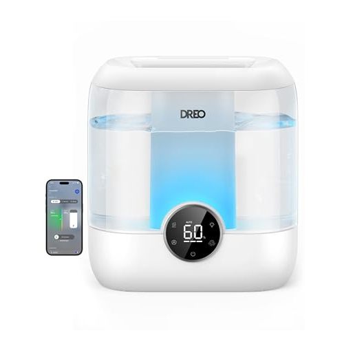 DREO Smart Humidifiers for Bedroom, 6L Top Fill Supersized Cool Mist Humidifier for Large Room, 60 Hour Runtime, Quiet Ultrasonic Humidifiers for Plants, Indoor, Home, Night Light, White