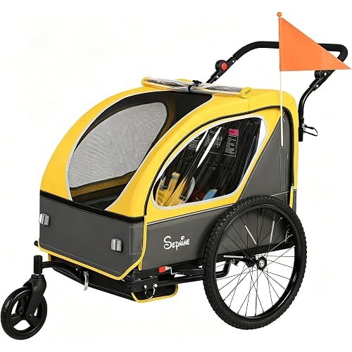 Kids Bike Trailer, 2 in1 Canopy Carrier Converts to Pushcart Suitable for 1 to 2 Toddlers, Kids, Quick Attach to Bike, Foldable, with 5-Point Harness and Storage Bags