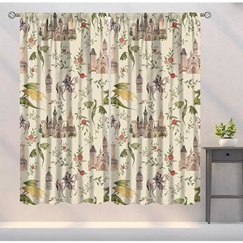 Dragon Blackout Curtains, Medieval Magical Castle Knights Art Printed Window Drapes for Bedroom Living Room Kitchen Decor Fabric 2 Panels 42x45 Inch 80% Shading Rate