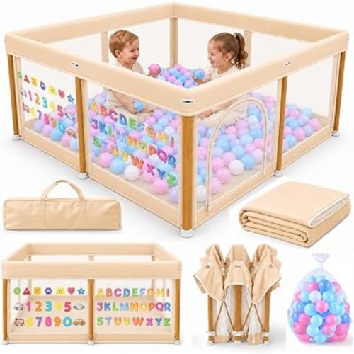 Foldable Baby Playpen 50 x 50 in with Mat, 30 Balls, Beige Toddler Playard